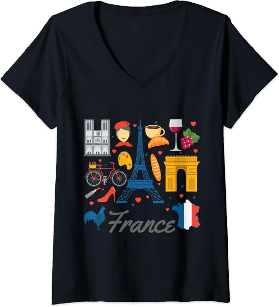 Womens France French Elements Cool VNeck TShirt Amazon.co.uk Fashion
